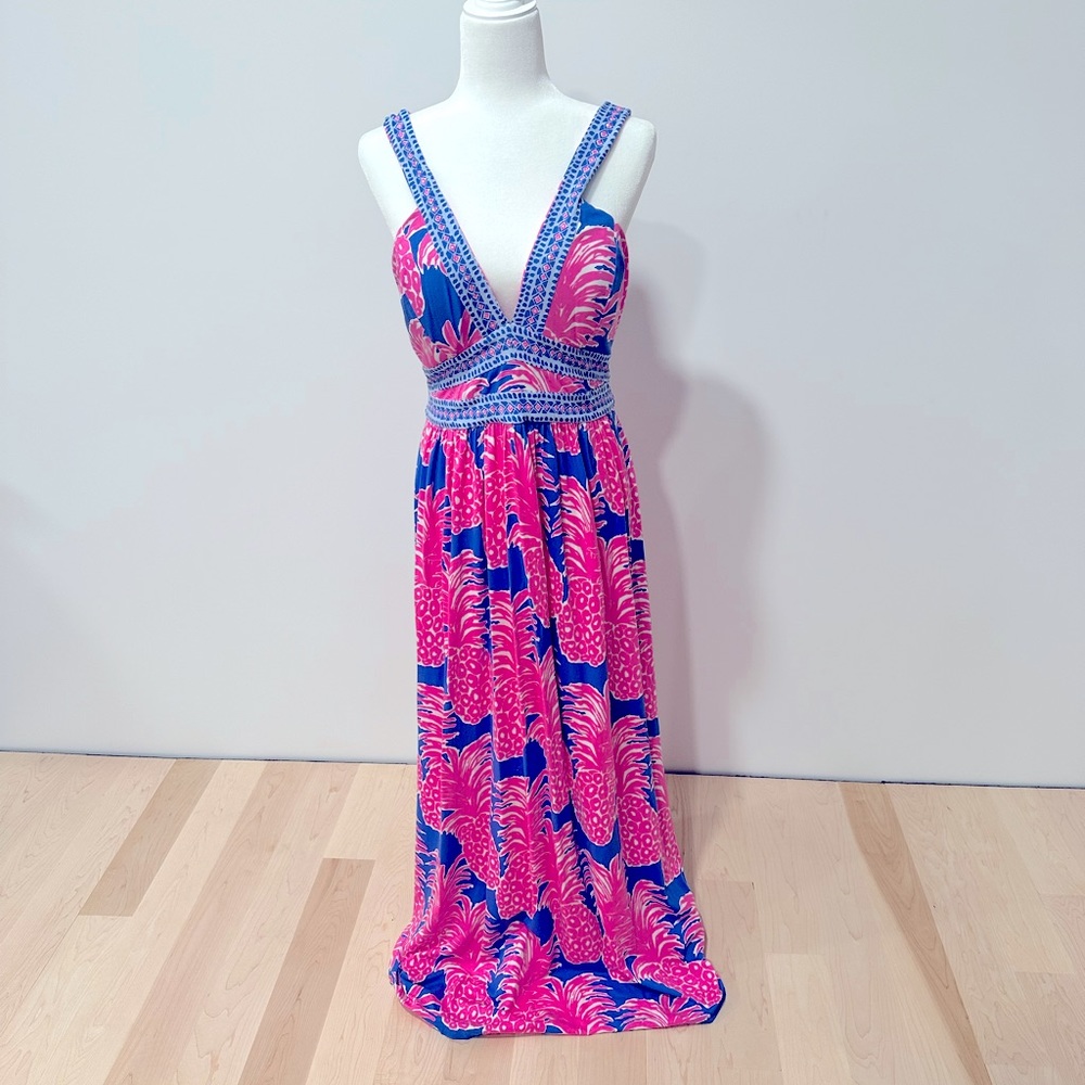 Lilly Pulitzer Maxi Dress in ‘Blue Haven Little Flamenco’ pattern.  Size 12